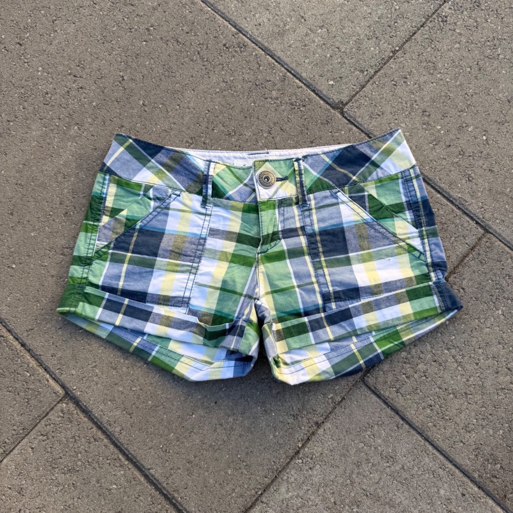 Aeropostale Stretch Plaid Shorts Green Blue Yellow Cuffed Low Rise Size 00